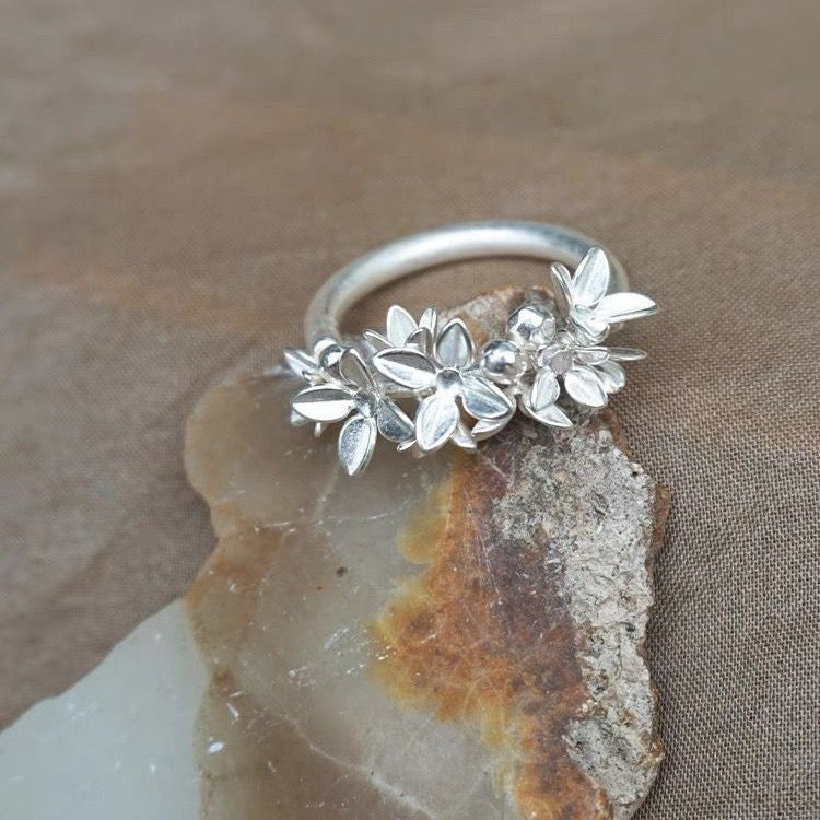 Flower silver pure hand-made open ring